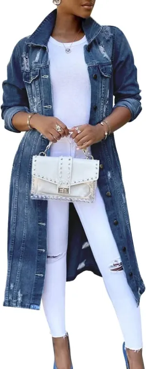 ebossy Women's Ripped Distressed Destroyed Classic Blue Maxi Denim Jacket Long Jean Trench Coat Outwear