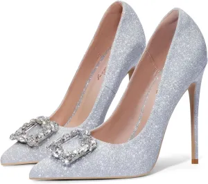 Elisabet Tang Women's High Heels,4.72 Inch Satin Glitter Rhinestone Stiletto Pumps for Women Sexy Closed Pointed Toe Heels Elegant Versatile Wedding Bridal Party Dress Shoes