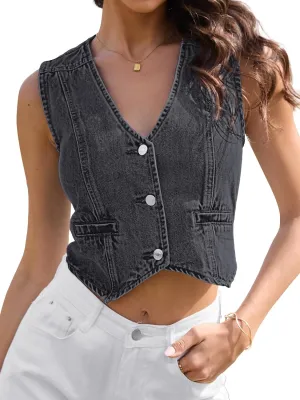 ELLEVEN Womens Summer Cropped Denim Vest, V-Neck Crop Western Jean Vest Top for Women Country Trendy Outfits
