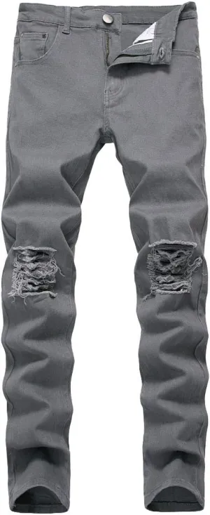 Enrica Men's Ripped Distressed Destroyed Straight Fit Washed Denim Jeans