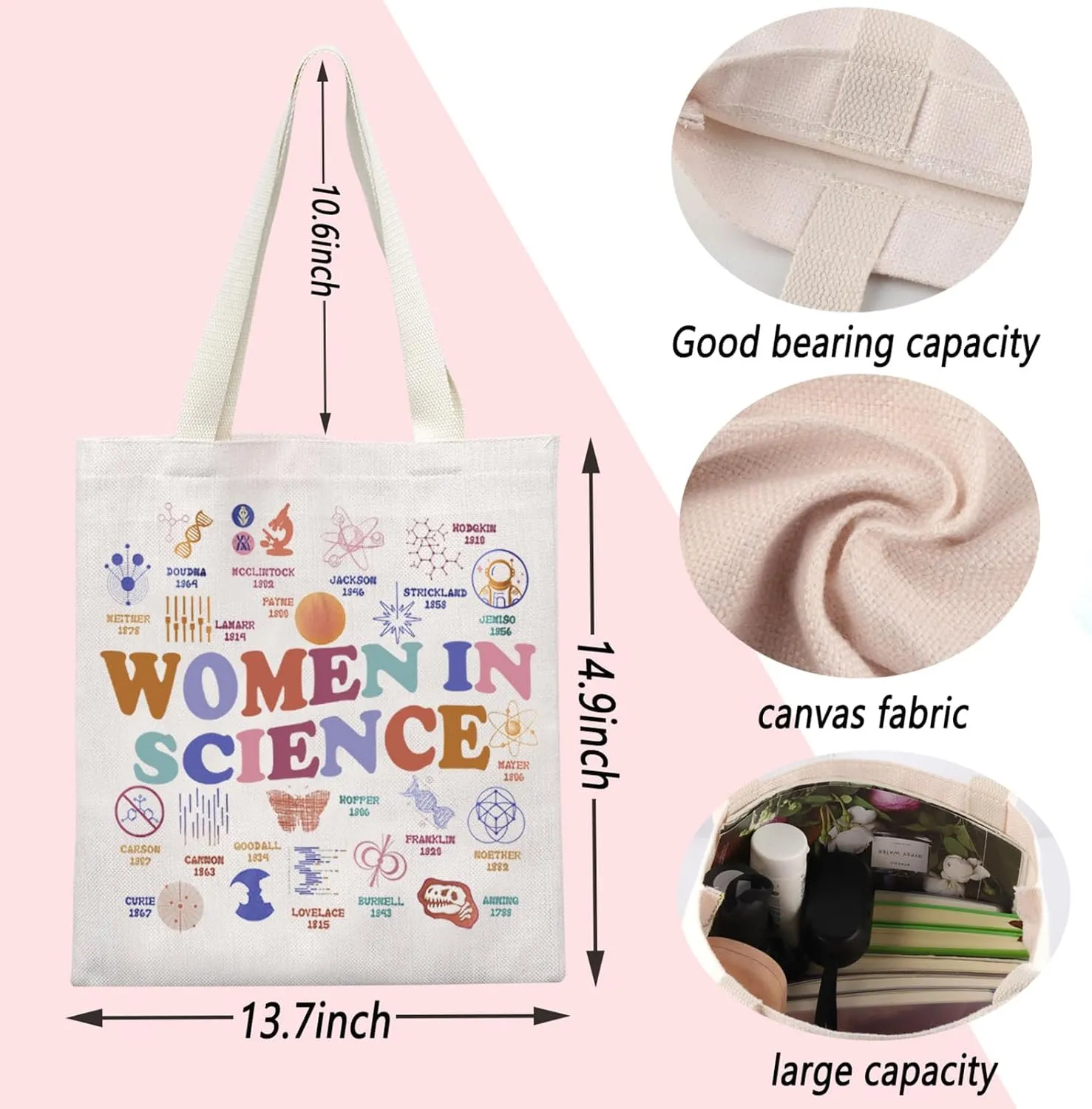 ENSIANTH Women in Science Tote Bag - Feminism Gift, STEM Education Gift, Women Scientist Shopping Bag