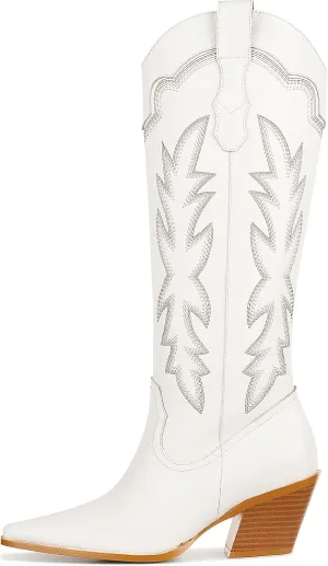 Erocalli Women's Cowboy Boots Cowgirl Boots White Knee High Boots Embroidered Chunky Block Heel Pointed Toes Side Zipper Western Boots