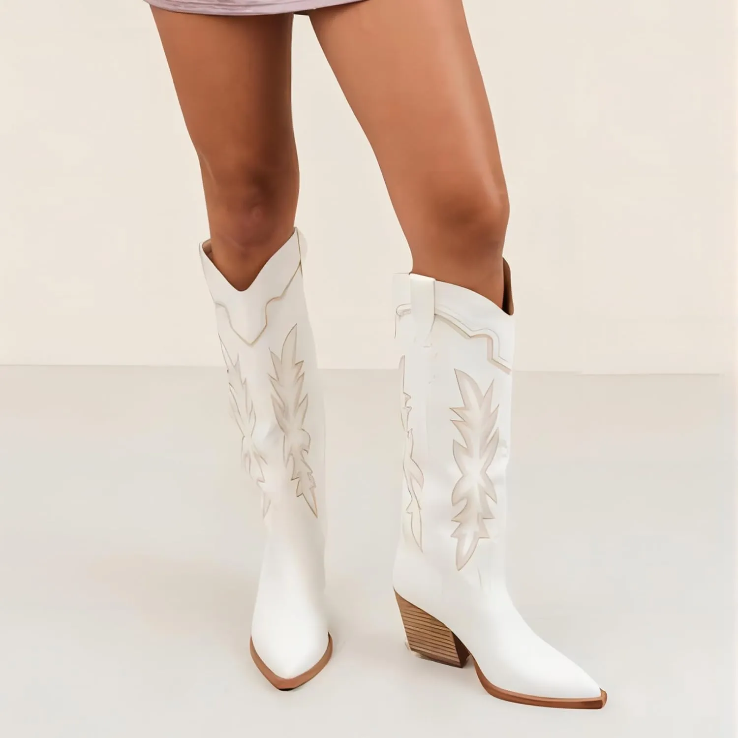 Erocalli Women's Cowboy Boots Cowgirl Boots White Knee High Boots Embroidered Chunky Block Heel Pointed Toes Side Zipper Western Boots