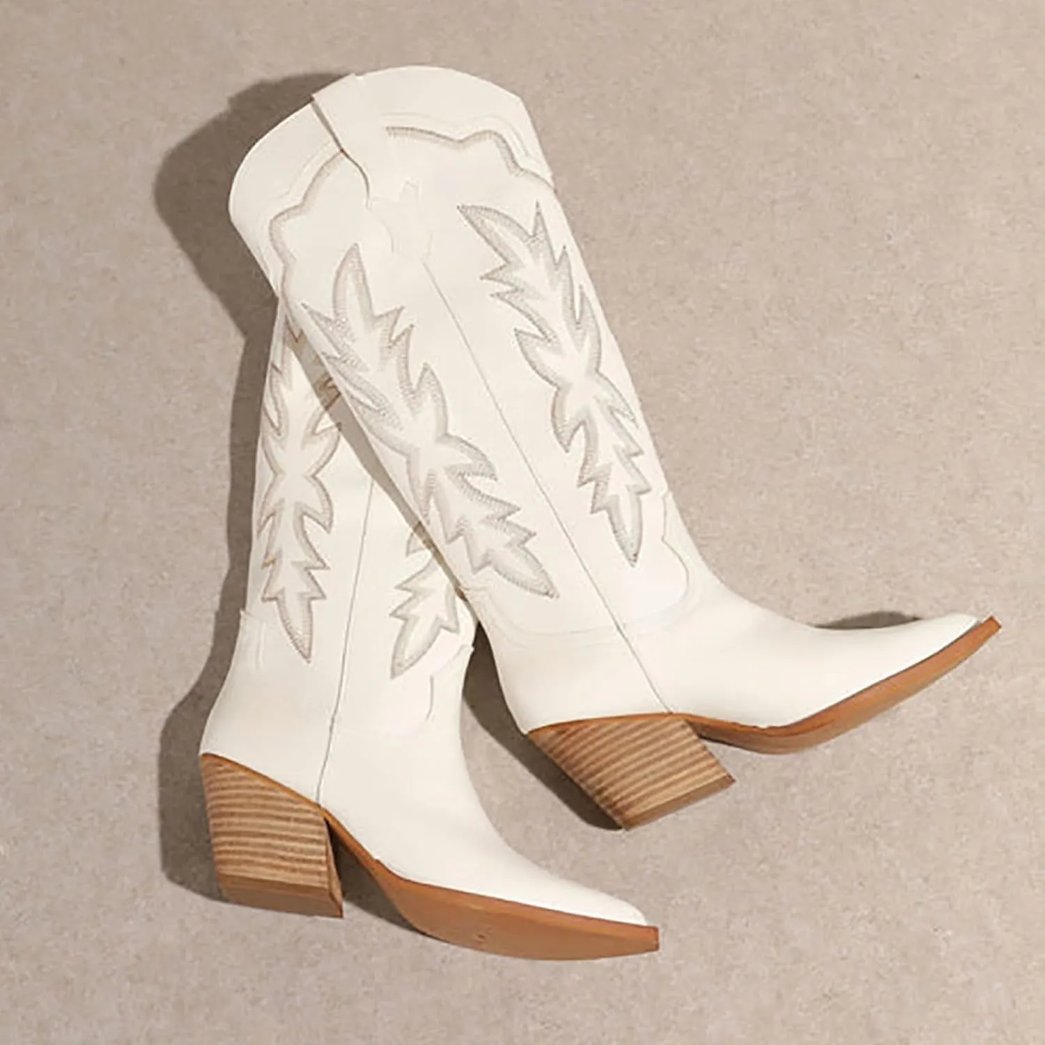 Erocalli Women's Cowboy Boots Cowgirl Boots White Knee High Boots Embroidered Chunky Block Heel Pointed Toes Side Zipper Western Boots