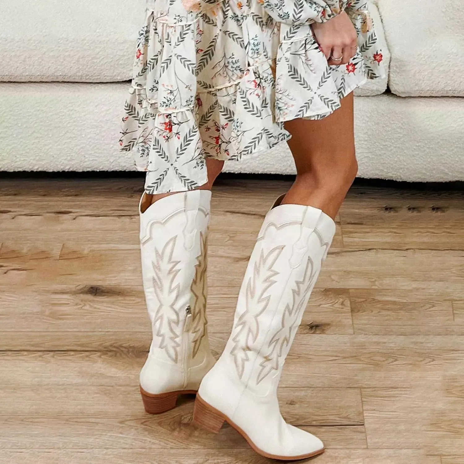 Erocalli Women's Cowboy Boots Cowgirl Boots White Knee High Boots Embroidered Chunky Block Heel Pointed Toes Side Zipper Western Boots