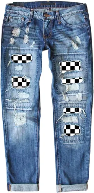 EVALESS Ripped Jeans for Women Plaid Patch Boyfriend Skinny Distressed Denim Jean Pants