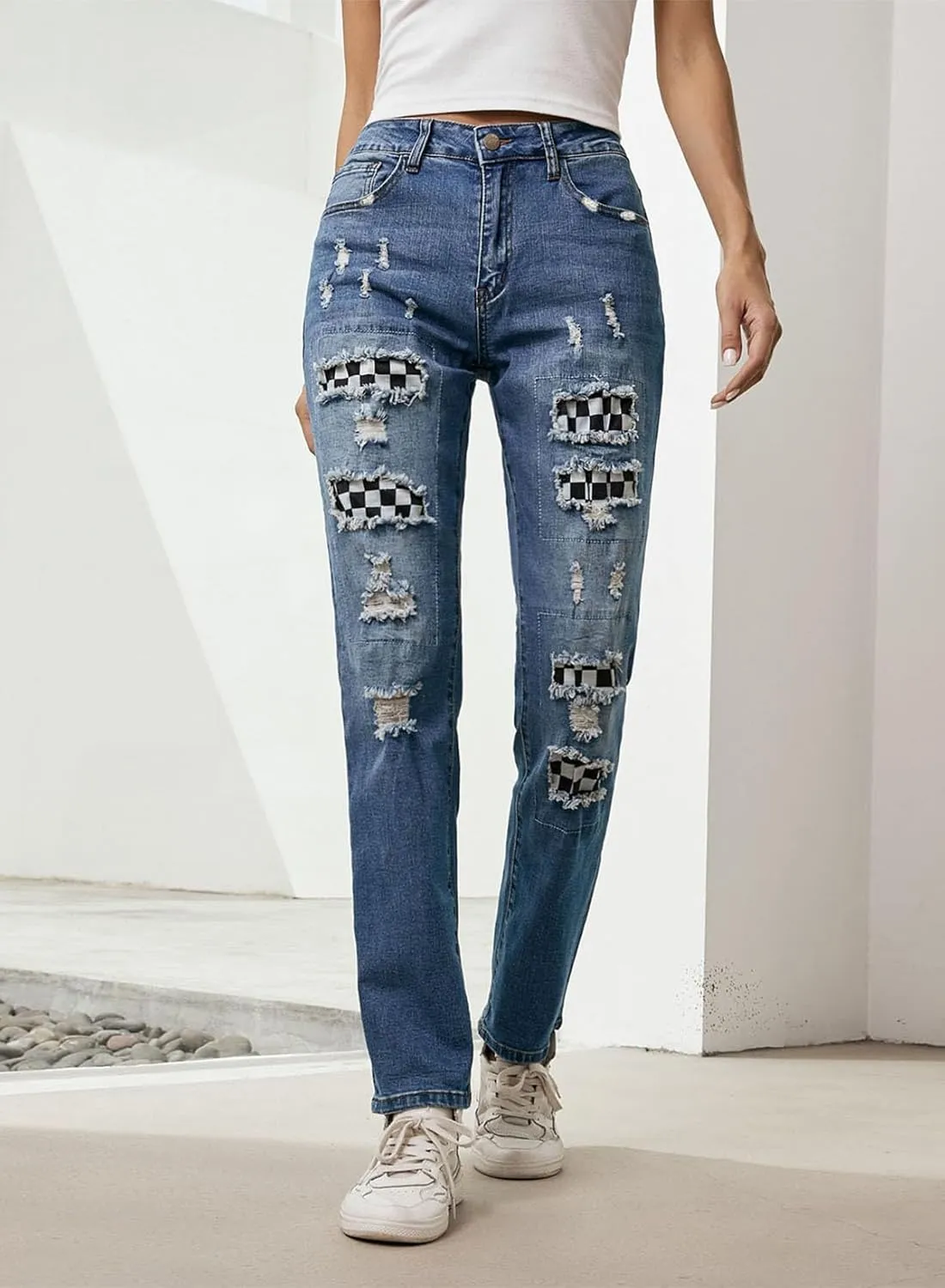 EVALESS Ripped Jeans for Women Plaid Patch Boyfriend Skinny Distressed Denim Jean Pants