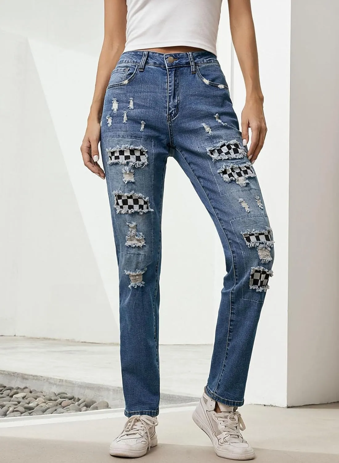 EVALESS Ripped Jeans for Women Plaid Patch Boyfriend Skinny Distressed Denim Jean Pants