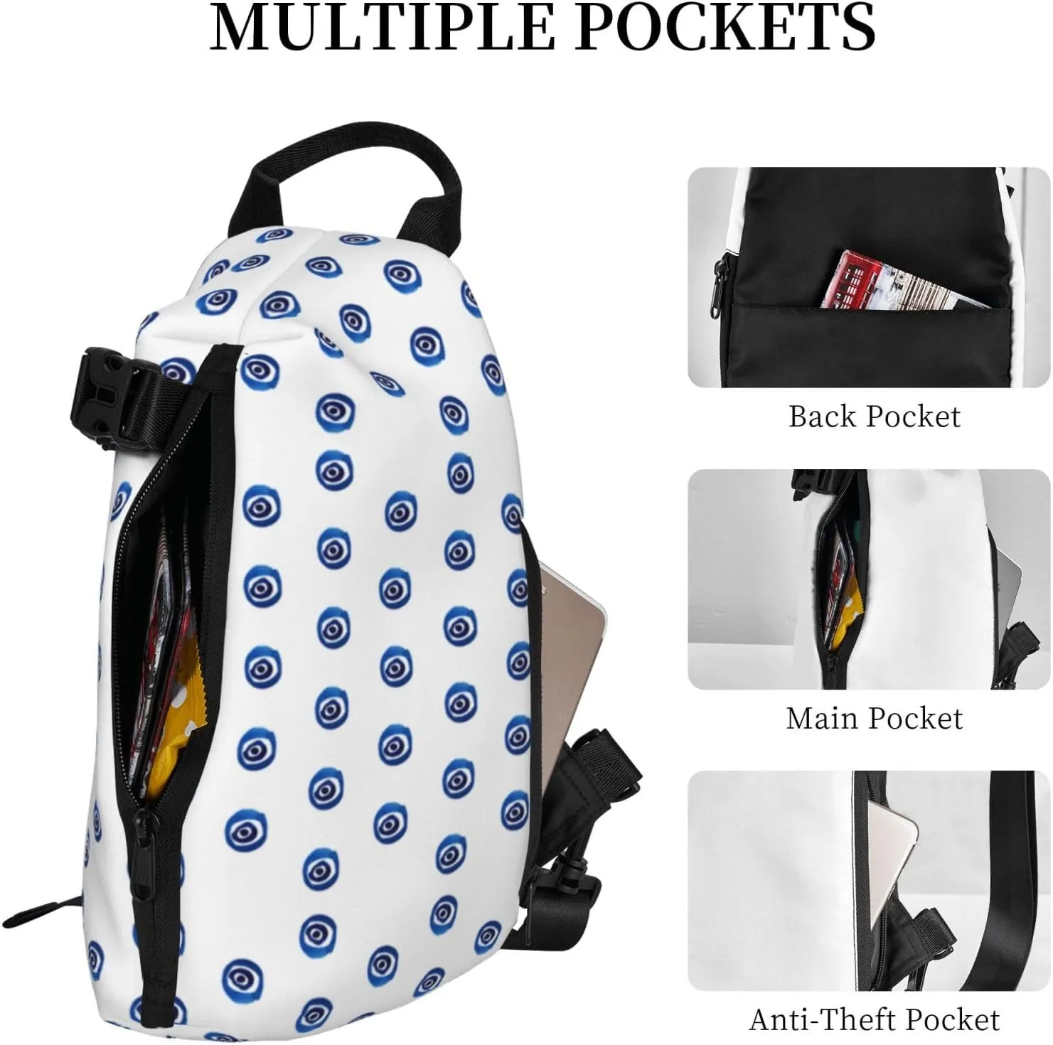 Evil Eyes Print Crossbody Backpack Unisex Chest Bag, Lightweight And Sling Bag For Travel