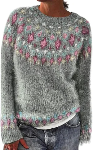 Fair Isle Pattern Sweater Women's Knitted Isle Print Retro Sweater Casual Loose Crewneck Long Sleeve Lightweight