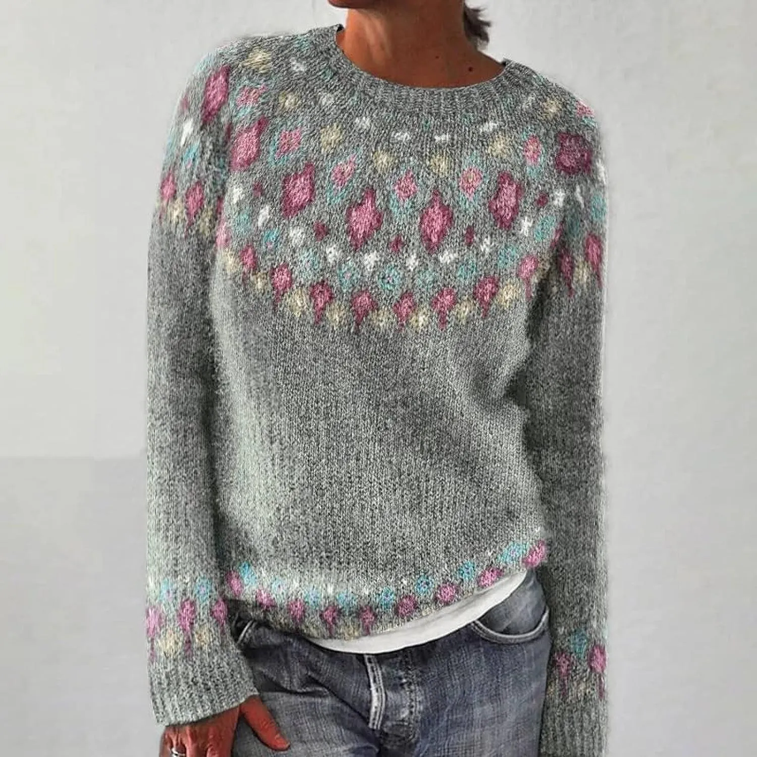 Fair Isle Pattern Sweater Women's Knitted Isle Print Retro Sweater Casual Loose Crewneck Long Sleeve Lightweight