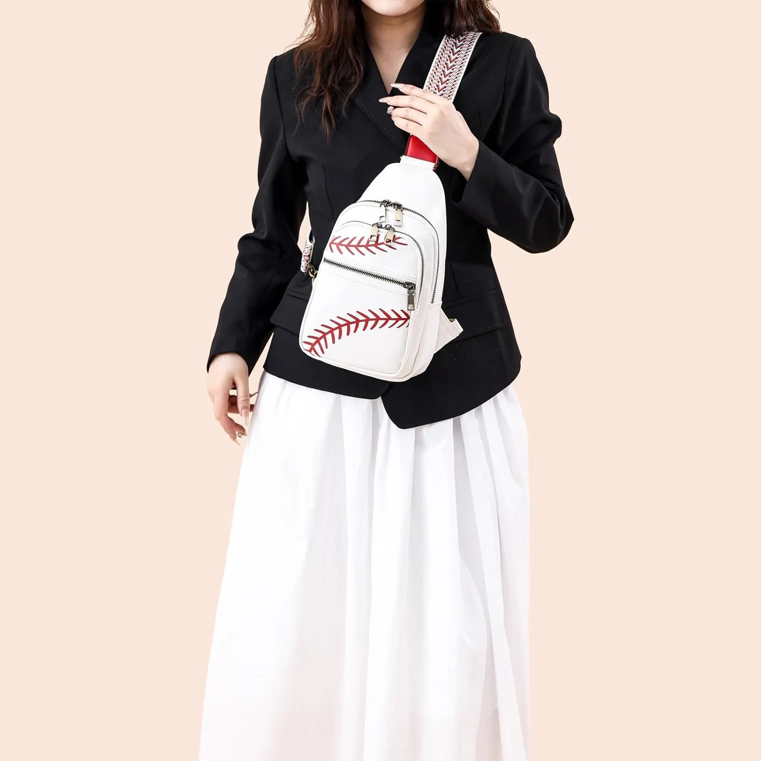 FAYBA Small Sling Bag for Women Crossbody Fanny Pack, Baseball Print PU Leather Wide Guitar Strap Chest Sling Backpack Purse