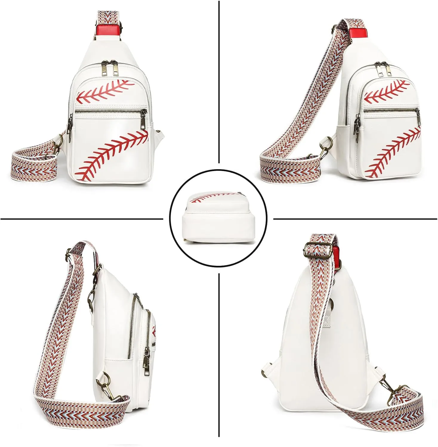FAYBA Small Sling Bag for Women Crossbody Fanny Pack, Baseball Print PU Leather Wide Guitar Strap Chest Sling Backpack Purse