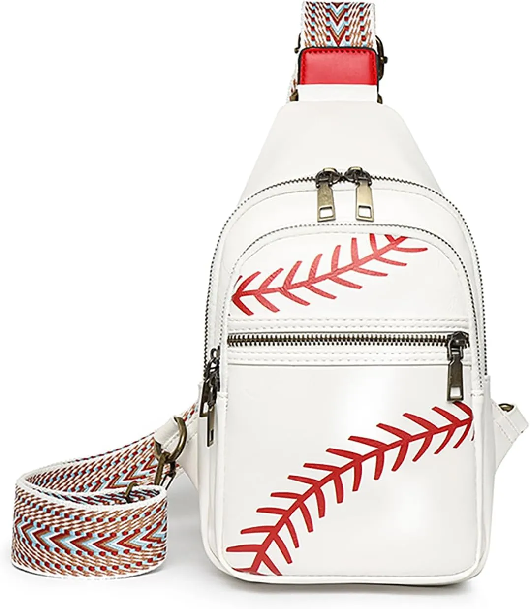 FAYBA Small Sling Bag for Women Crossbody Fanny Pack, Baseball Print PU Leather Wide Guitar Strap Chest Sling Backpack Purse
