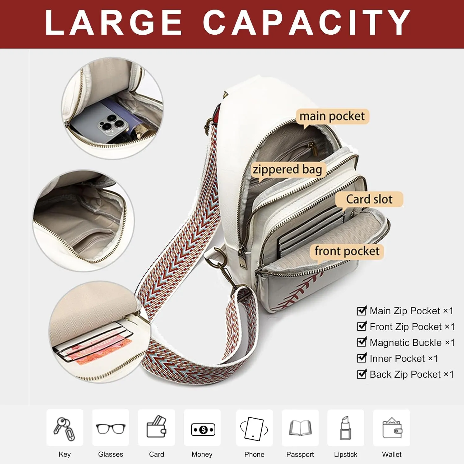 FAYBA Small Sling Bag for Women Crossbody Fanny Pack, Baseball Print PU Leather Wide Guitar Strap Chest Sling Backpack Purse