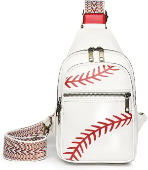 FAYBA Small Sling Bag for Women Crossbody Fanny Pack, Baseball Print PU Leather Wide Guitar Strap Chest Sling Backpack Purse