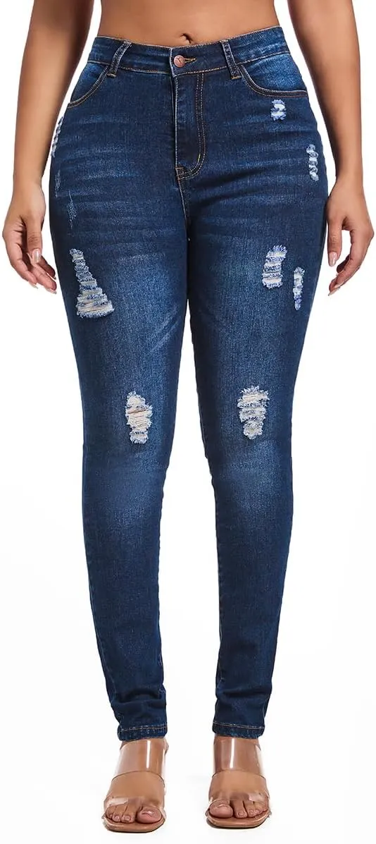 FISCLOSIN Women's Ripped Stretch Mid Waist Jeans Butt Lifting Distressed Skinny Denim Pants