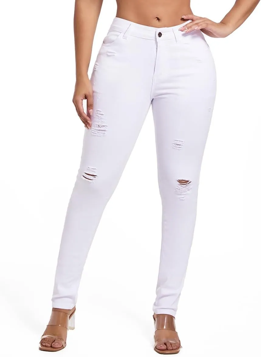 FISCLOSIN Women's Ripped Stretch Mid Waist Jeans Butt Lifting Distressed Skinny Denim Pants