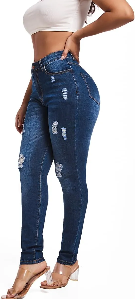 FISCLOSIN Women's Ripped Stretch Mid Waist Jeans Butt Lifting Distressed Skinny Denim Pants