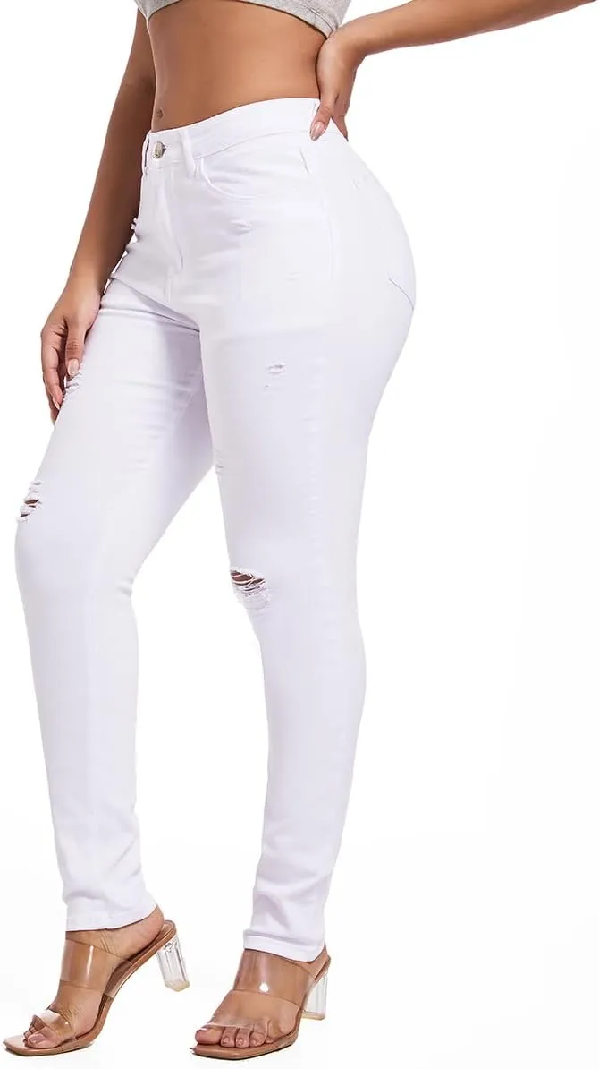 FISCLOSIN Women's Ripped Stretch Mid Waist Jeans Butt Lifting Distressed Skinny Denim Pants