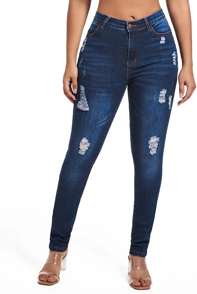 FISCLOSIN Women's Ripped Stretch Mid Waist Jeans Butt Lifting Distressed Skinny Denim Pants