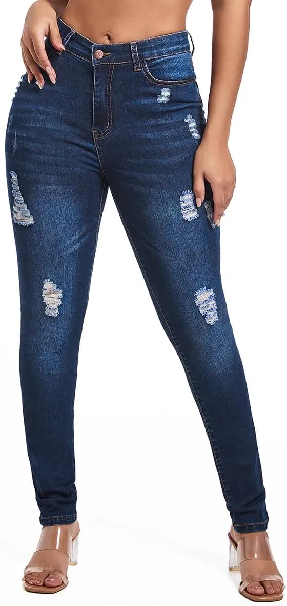 FISCLOSIN Women's Ripped Stretch Mid Waist Jeans Butt Lifting Distressed Skinny Denim Pants
