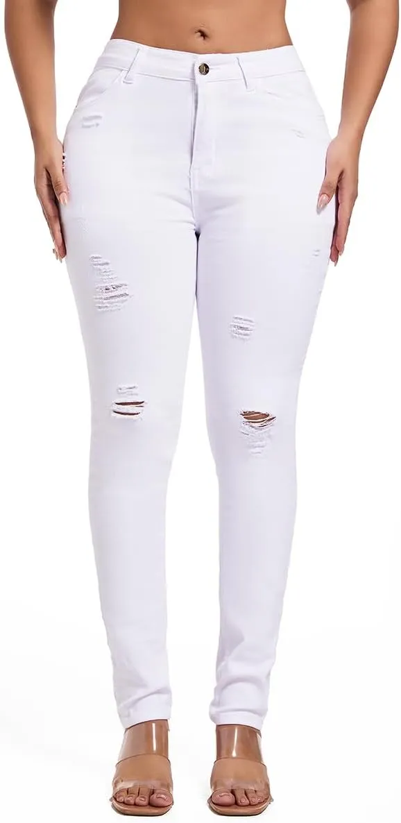FISCLOSIN Women's Ripped Stretch Mid Waist Jeans Butt Lifting Distressed Skinny Denim Pants