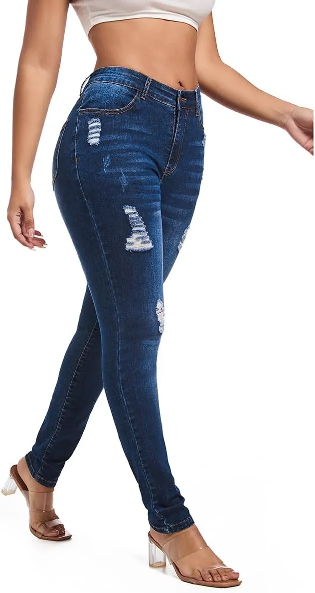 FISCLOSIN Women's Ripped Stretch Mid Waist Jeans Butt Lifting Distressed Skinny Denim Pants