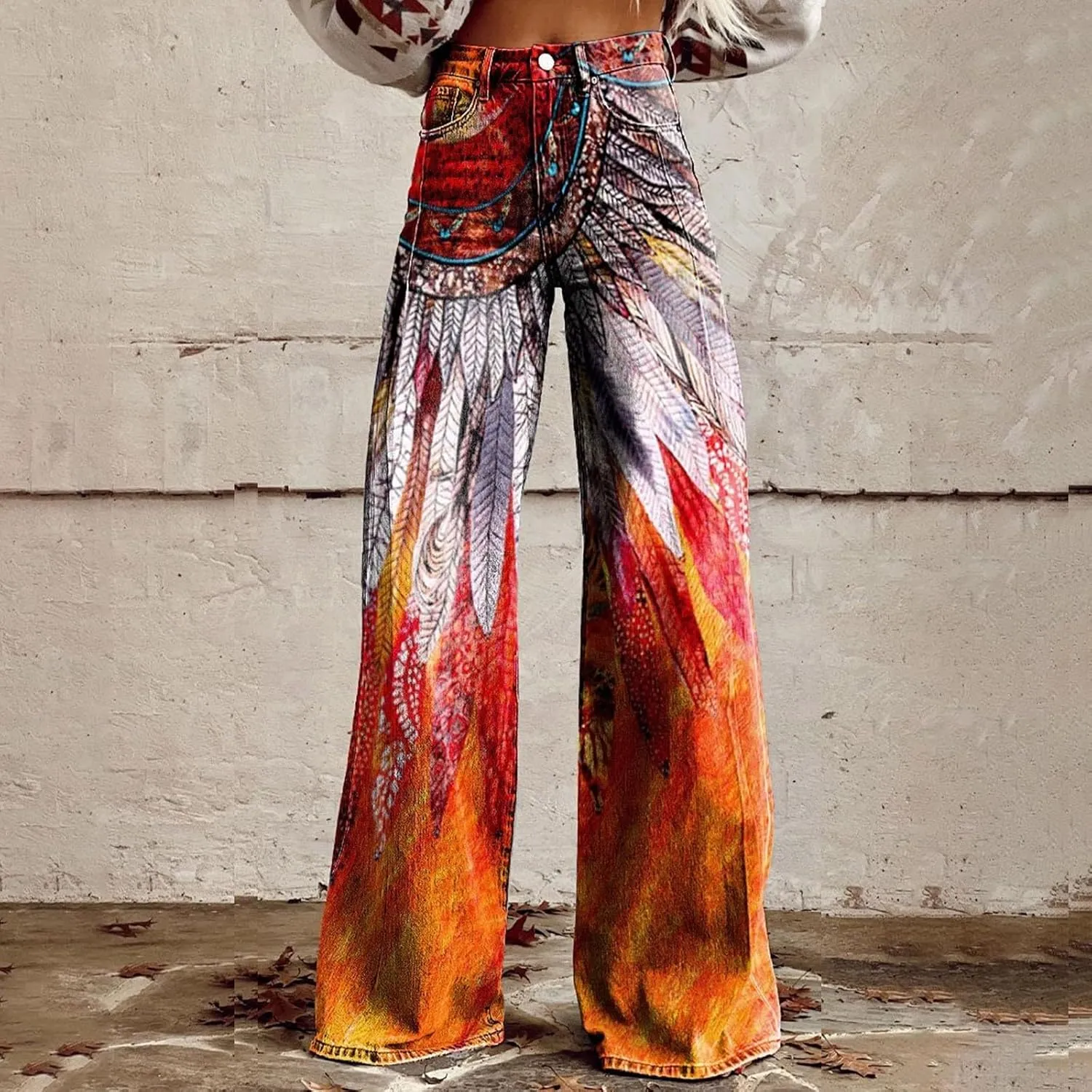 Flare Jeans for Women Wide Leg Baggy Pants Vintage Floral Print High Waisted Straight Stretch Pants with Pockets