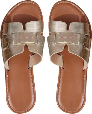 Floerns Women's Studded Cut Out Flat Sandal Open Toe Leather Slip on Beach Shoes
