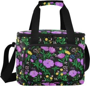 Floral Blossom Black Insulated Cooler Bag for Women Men Leakproof 24 Can Camping Car Cooler for Work Office Picnic