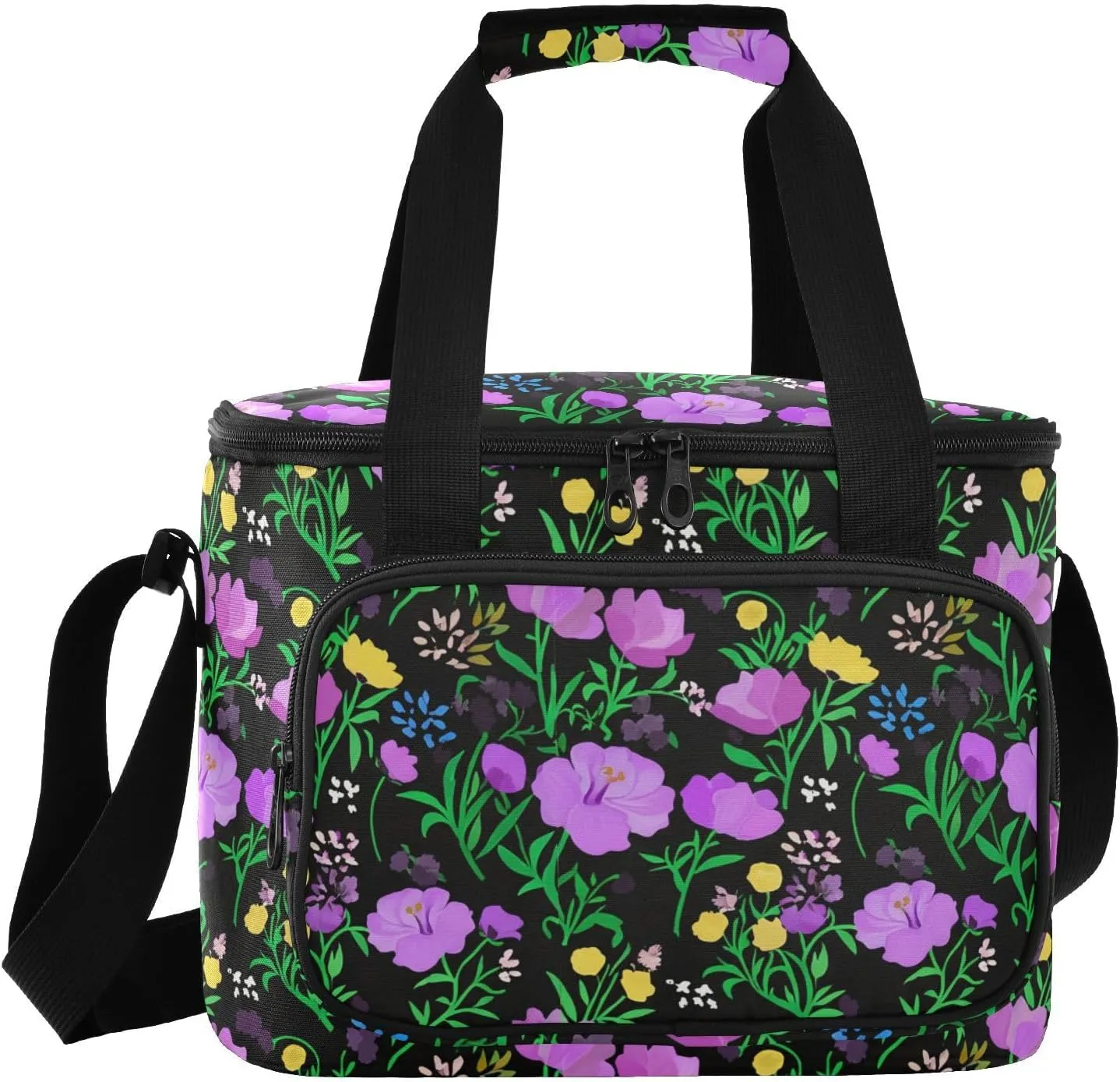 Floral Blossom Black Insulated Cooler Bag for Women Men Leakproof 24 Can Camping Car Cooler for Work Office Picnic
