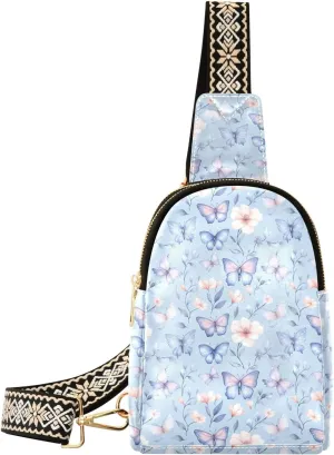Floral Butterfly Blue Compact Fashion Daypack Full-Print PU Leather Crossbody Bag with Card Pocket & Adjustable Strap for Women on the Go Festivals Travel & Hikes