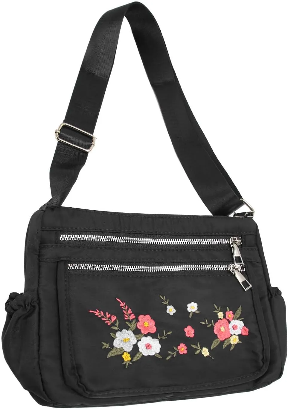 Floral Embroidered Messenger Bag Water Prevent Nylon Large Capacity Adjustable Shoulder Bag for Women
