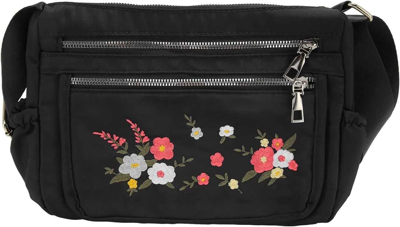 Floral Embroidered Messenger Bag Water Prevent Nylon Large Capacity Adjustable Shoulder Bag for Women