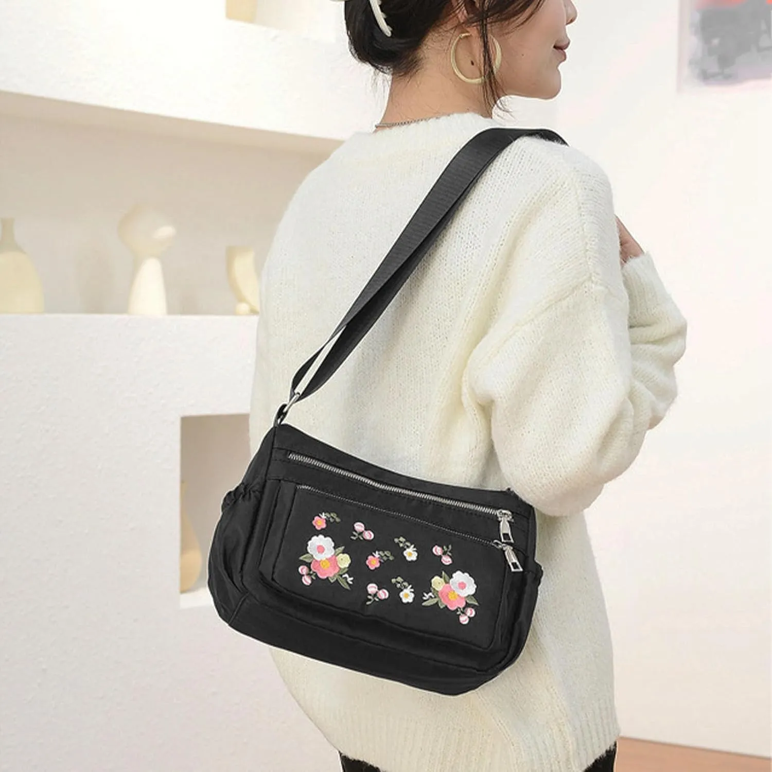Floral Embroidered Messenger Bag Water Prevent Nylon Large Capacity Adjustable Shoulder Bag for Women