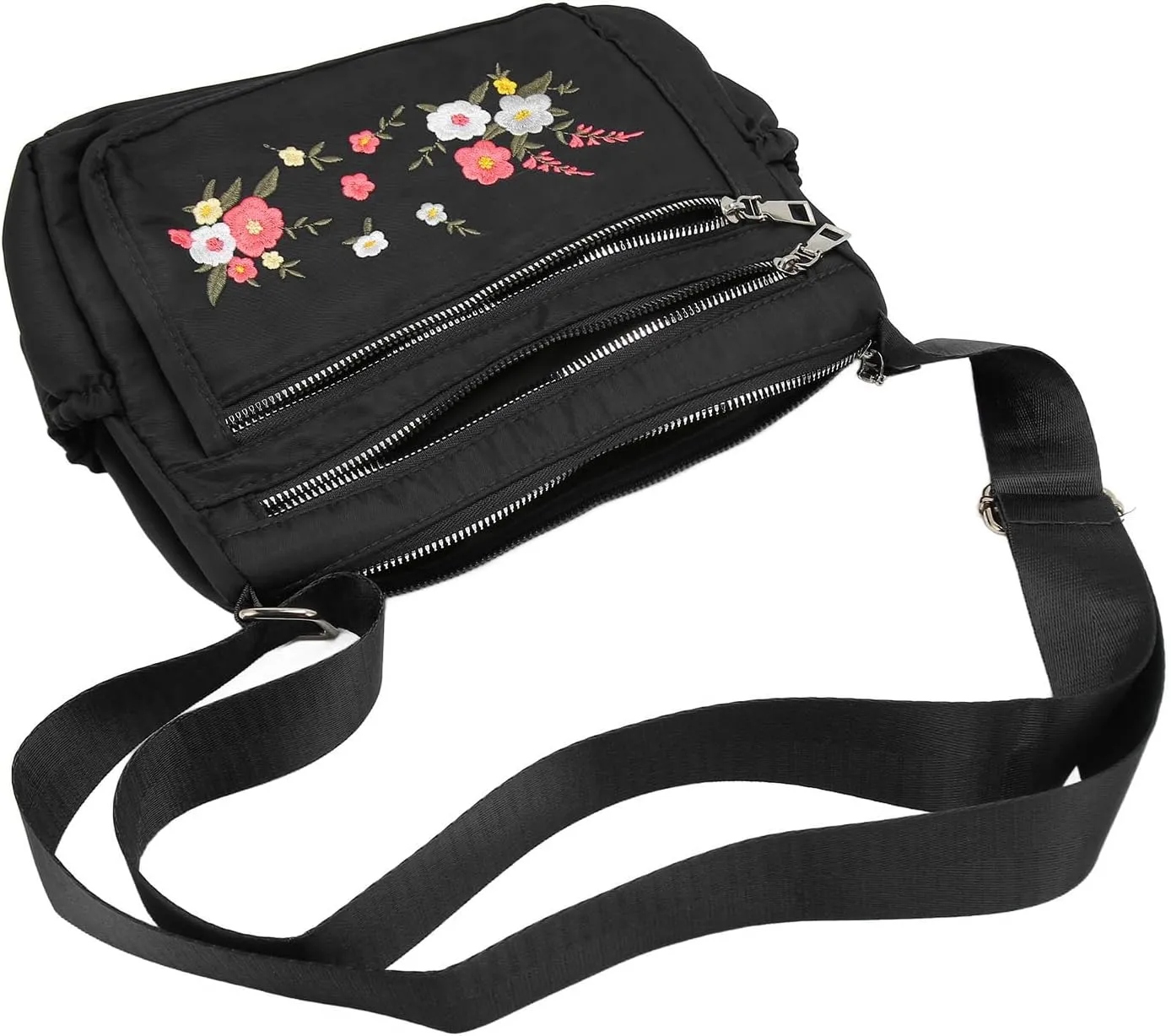 Floral Embroidered Messenger Bag Water Prevent Nylon Large Capacity Adjustable Shoulder Bag for Women