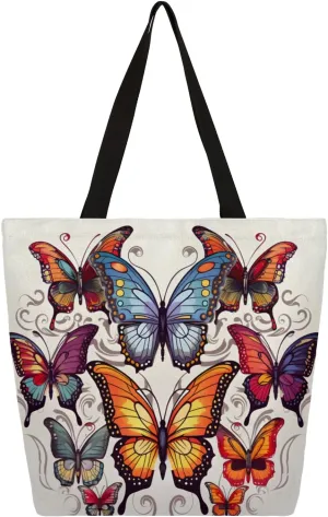 Flowering Butterflies Large Capacity Canvas Tote Bag Stylish Handheld Shoulder Bag Reusable Shopping Bag for Work Travel Beach Trips Shopping