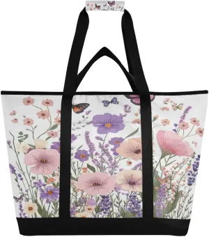 Flowers Butterfly Reusable Insulated Lunchbox Cooler Bag, Leakproof Kitchen Grocery Bag Collapsible Portable Cooler Tote Bag for Picnic, Camping, Office, Travel