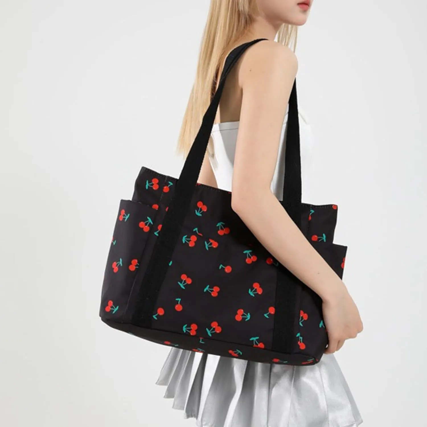 FOTN Cherry Tote Bag for Women, Everyday Work Tote,Large CanvasTote Purse with Multiple Pockets for Travel Daily Use