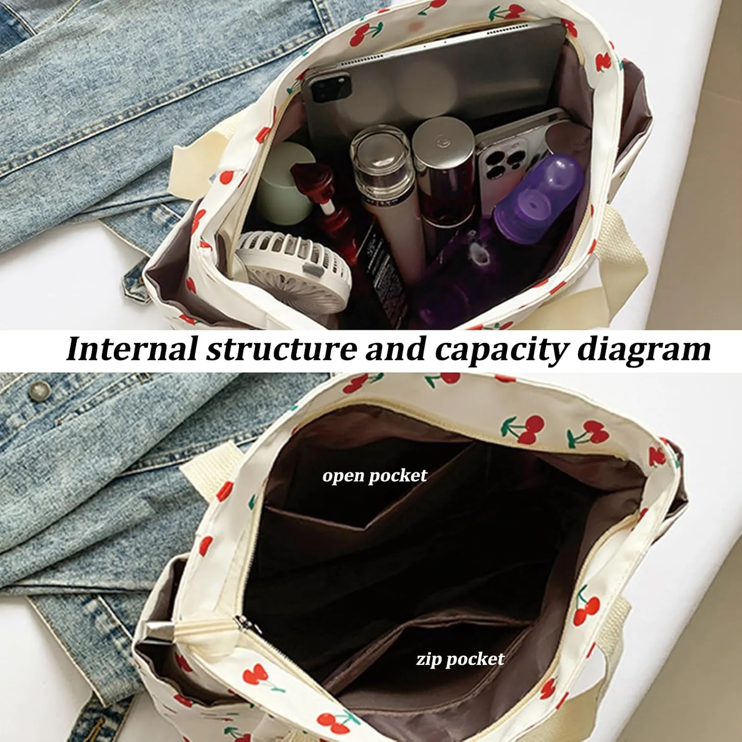 FOTN Cherry Tote Bag for Women, Everyday Work Tote,Large CanvasTote Purse with Multiple Pockets for Travel Daily Use