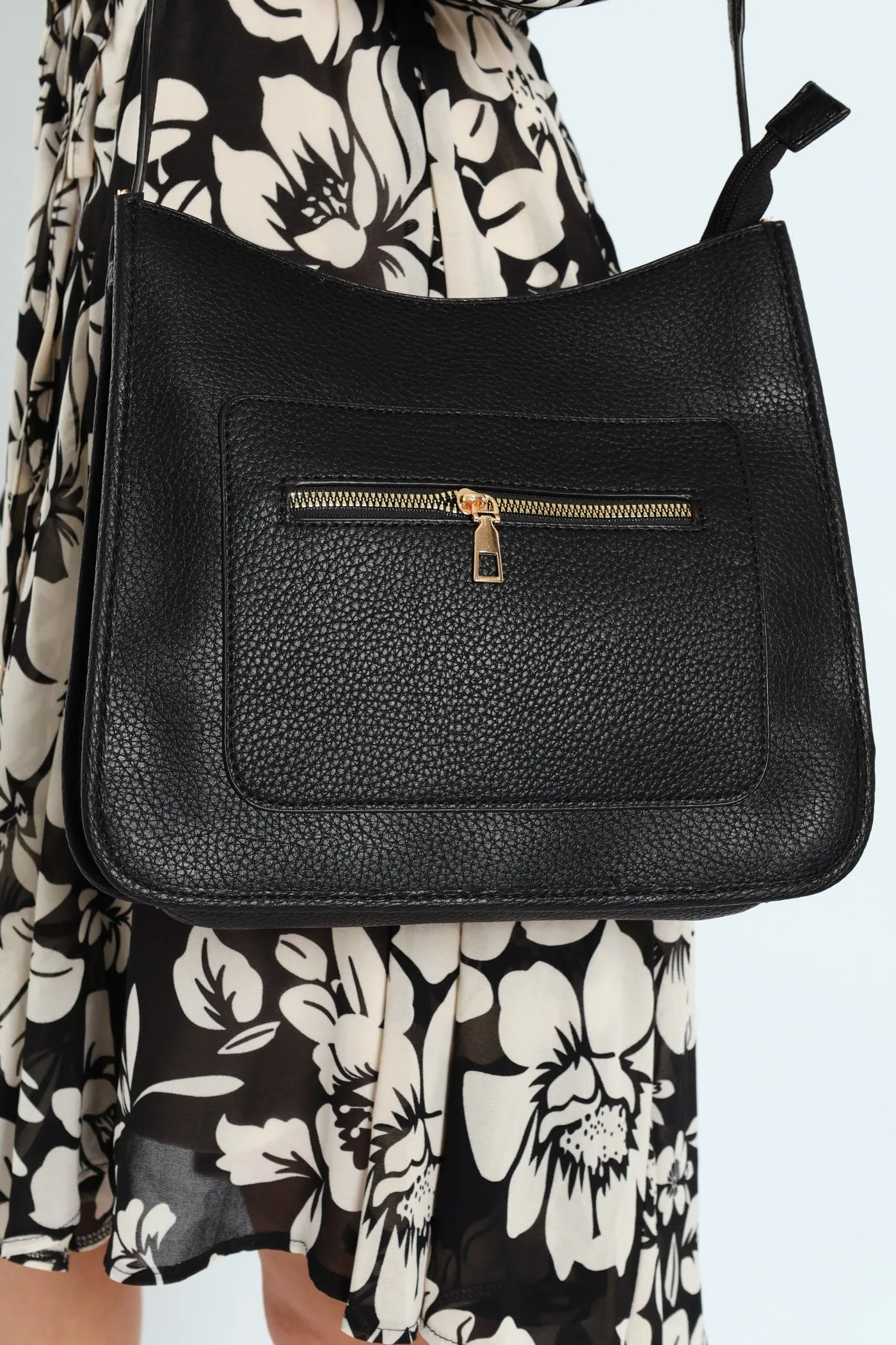 Front Zip Pocket Webbing Strap Crossbody Bag - Black