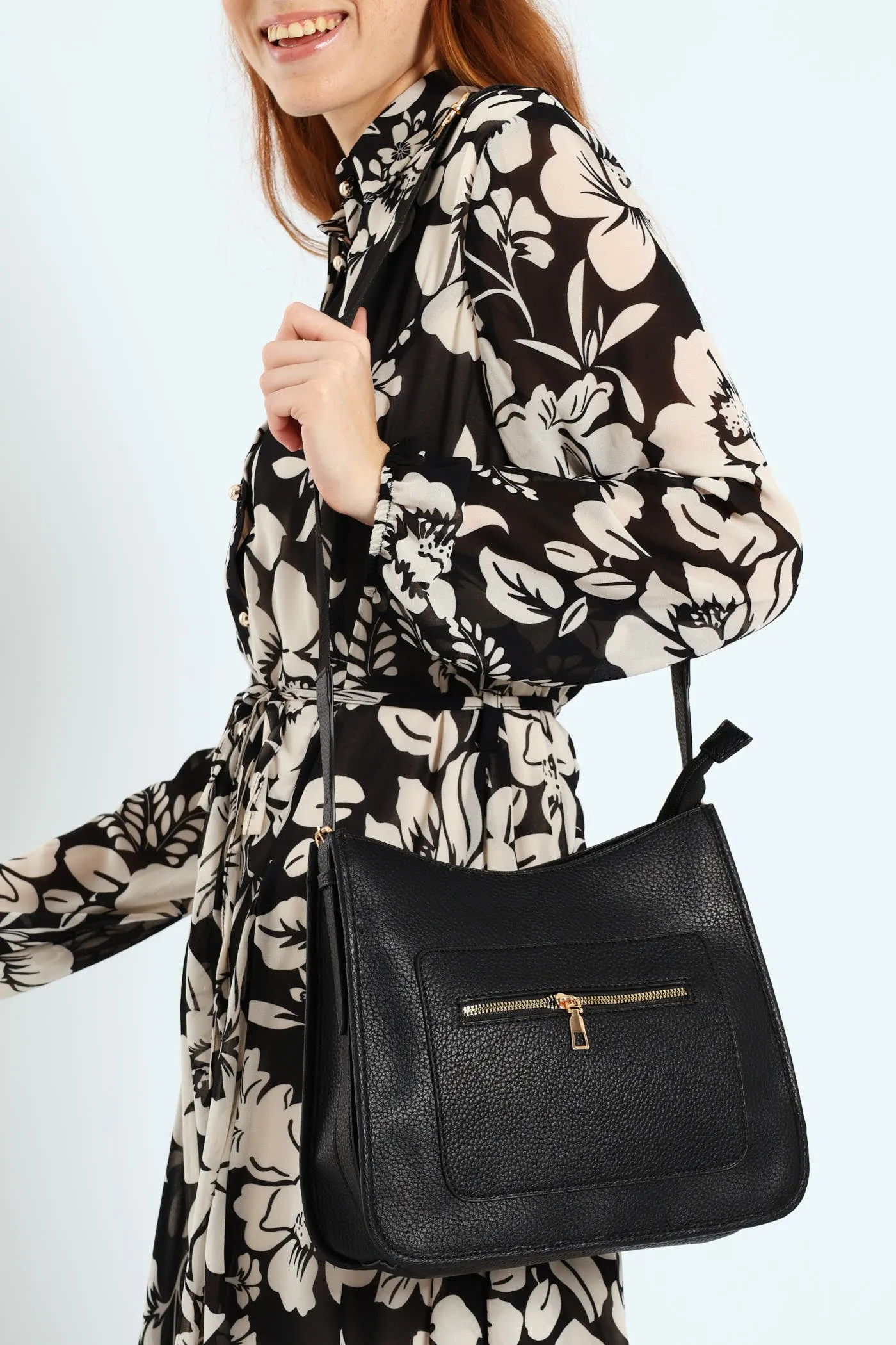 Front Zip Pocket Webbing Strap Crossbody Bag - Black