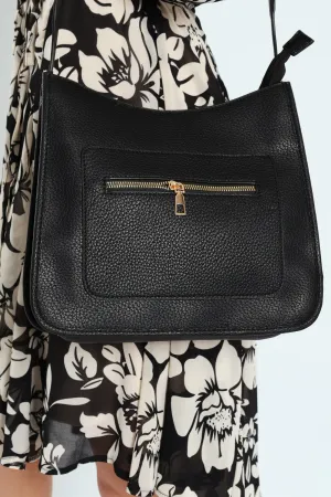 Front Zip Pocket Webbing Strap Crossbody Bag - Black