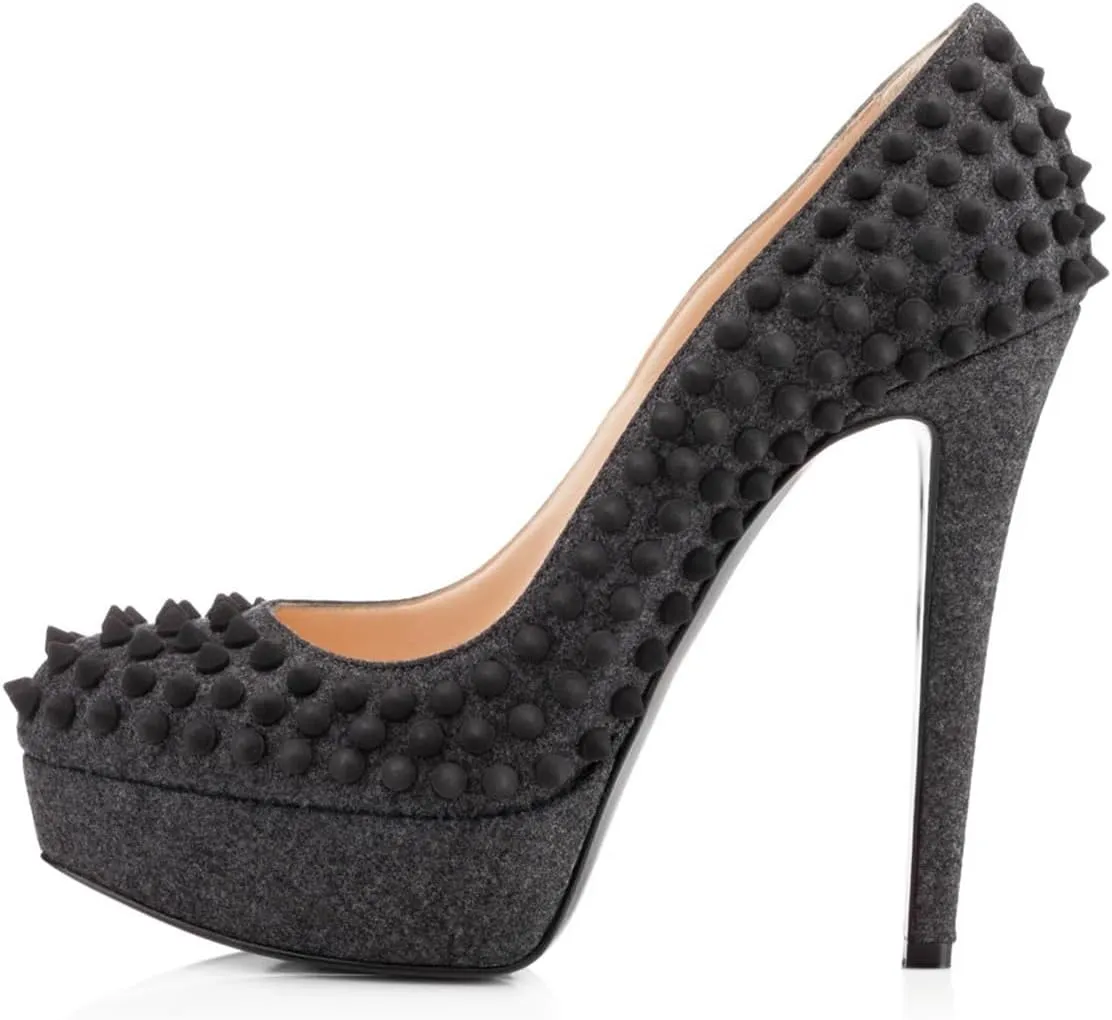 FSJ Women Classic High Stiletto Heel Rivets Platform Pumps Closed Round Toe Slip On Studded Sexy Work Party Wedding Dress Shoes Size 4-16 US