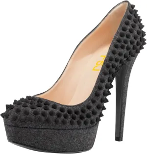 FSJ Women Classic High Stiletto Heel Rivets Platform Pumps Closed Round Toe Slip On Studded Sexy Work Party Wedding Dress Shoes Size 4-16 US