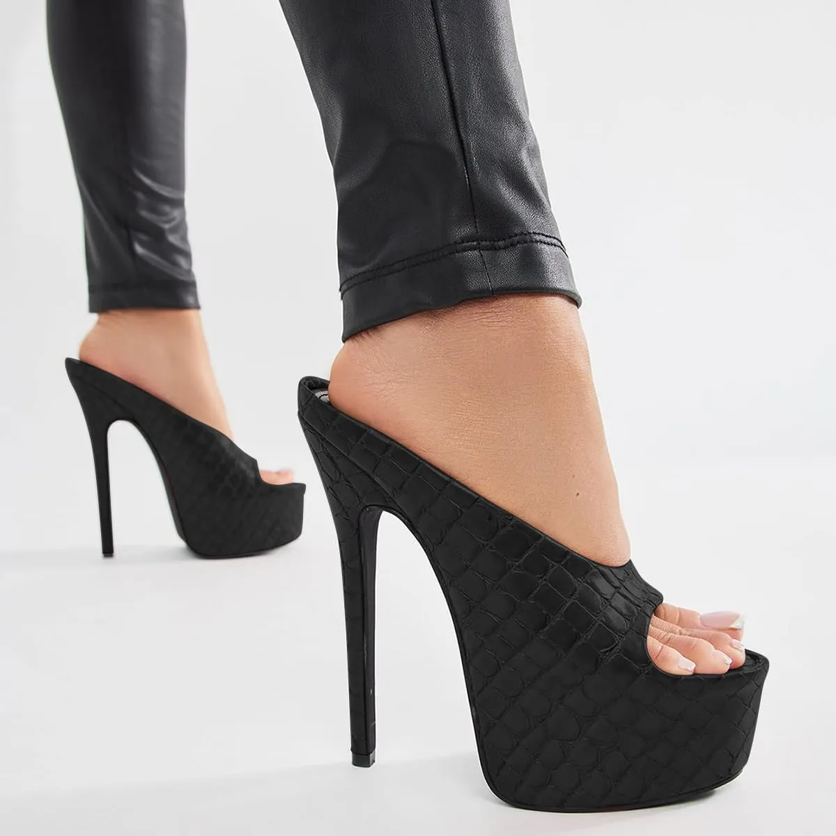 FSJ Women Platform High Stiletto Heels Open Toe Slip On Sandals Embossed Crocodile Effect Pumps Shoes for Sexy Dress Wedding Party Club Size 4-16 US