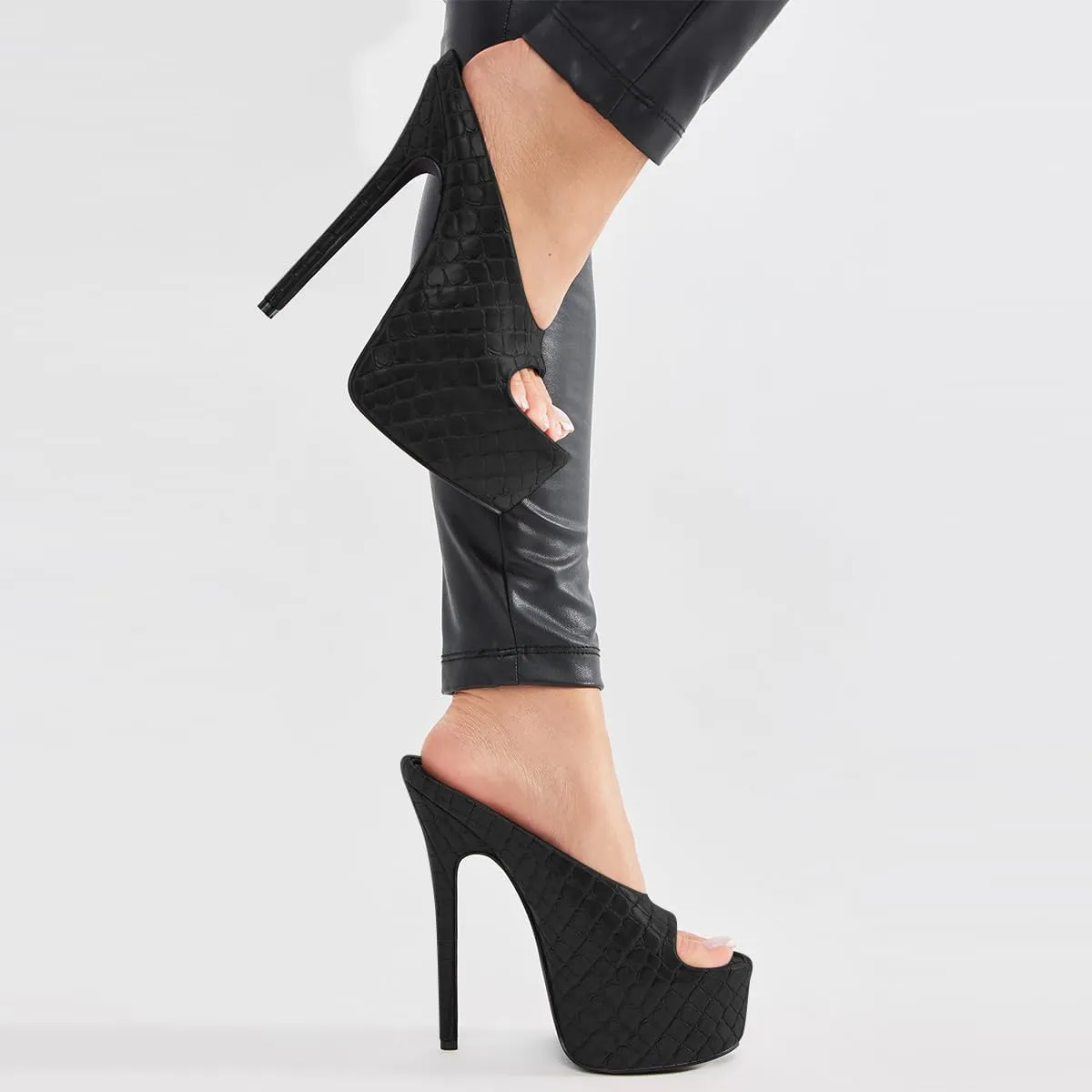 FSJ Women Platform High Stiletto Heels Open Toe Slip On Sandals Embossed Crocodile Effect Pumps Shoes for Sexy Dress Wedding Party Club Size 4-16 US