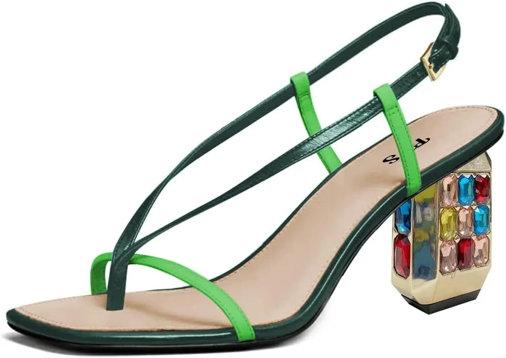 FYS Women Square Split Toe Sandals Gemstone Studded Block Mid Heel Slingbacks Glitter Party Prom Shoes Size 4-15 US