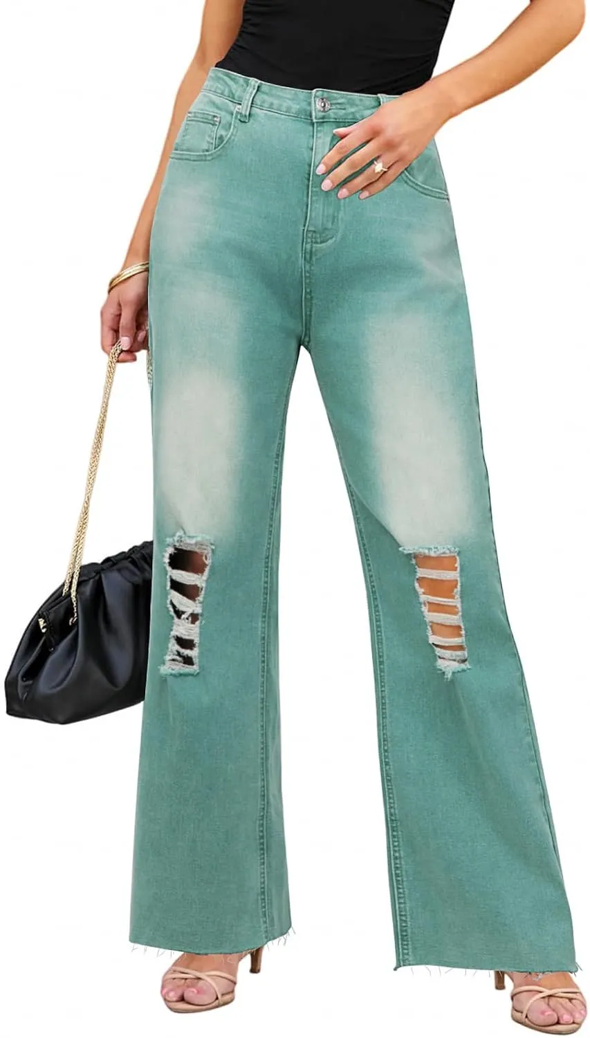 Genleck Women Loose Ripped Boyfriends Jeans High Waist Baggy Denim Pants Distressed Wide Leg Jeans Y2K